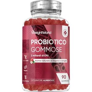 WeightWorld Fermenti Lattici Probiotici in 90 Gommose Vegane, 2 Miliardi di CFU, Fermenti Lattici Adulti Probiotici e Prebiotici, Bacillus Coagulans, Inulina, Gusto Fragola e Vaniglia, Senza Lattosio né Glutine