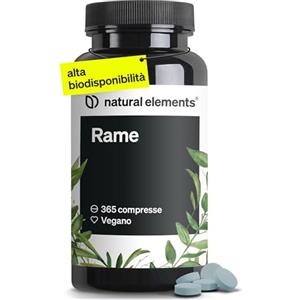 natural elements Rame - 365 compresse vegane - 2mg di rame per dose giornaliera - gusto neutro, alto dosaggio, senza additivi inutili - prodotto e testato in laboratorio in Germania