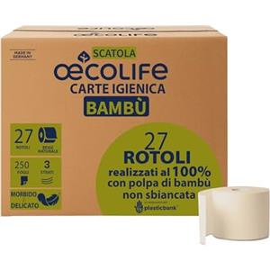 œcolife oecolife - Scatola di carta igienica in bambù, 3 strati, 27 rotoli da 250 fogli, confezione grande, super morbida, senza plastica, prodotto vegano, carta igienica sostenibile