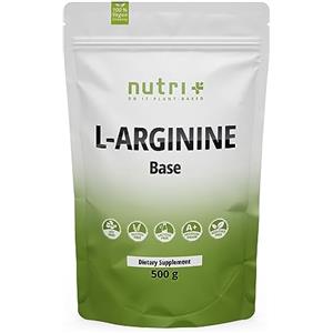 Nutri + L-Arginina Polvere Base 500g - Massimo Dosaggio - Vegetale da Fermentazione - Pura Arginina - Vegan - Neutrale - senza Additivi - Qualità Premium