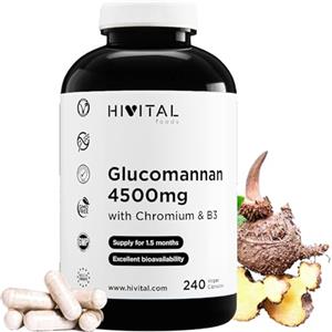 HIVITAL foods Glucomannano 4500 mg. 240 capsule vegane per 1,5 mesi di trattamento. Glucomannano da fibra vegetale di radice di Konjac con Cromo e Vitamina B3. Prodotto in Europa da HIVITAL