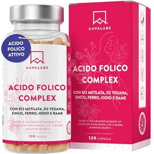 AAVALABS Acido Folico Gravidanza 400 mcg con Vitamina B12 e Acido Folico Attivo, Vitamina D3 Vegana, Zinco, Ferro, Iodio e Rame - 120 Capsule