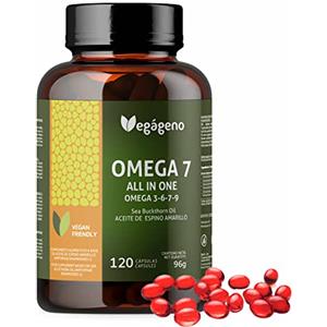 VEGÁGENO OMEGA 7 VEGAGENO - Olio di olivello spinoso con Omega 3 6 7 9 e vitamina E naturale. 120 capsule liquide vegetali. Con acido palmitoleico (Omega 7). Non OGM. Senza glutine. Prodotto vegano.