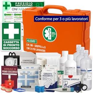 ONFARMA FARMA4 cassetta medica primo pronto soccorso COMPLETA DI MISURATORE DI PRESSIONE e CARTELLO DI PRIMO SOCCORSO conforme DM 388 allegato 1 per aziende con 3 o più lavoratori