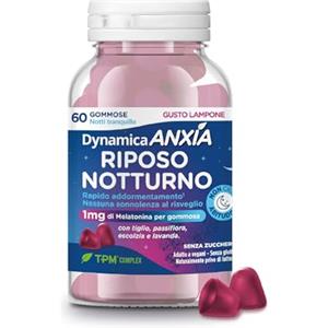 Dynamica ANXIA - Riposo Notturno | 60 gommose | 60 notti tranquille | Rapido addormentamento | 1mg di Melatonina | Buon sonno | Gusto lampone | Senza zucchero, glutine e lattosio | Adatto a vegani