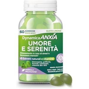 Dynamica ANXIA - Umore e Serenità | 60 gommose | 60 giorni sereni | Rilassamento e Benessere Mentale | Integratore per ansia | Gusto limone | Senza zucchero, glutine e lattosio | Adatto a vegani