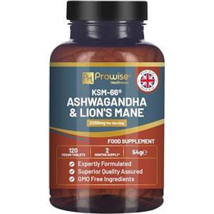 PH PROWISE Healthcare KSM-66 Ashwagandha e Lions Mane compresse - Alta potenza 2200 mg | KSM-66 Estratto di radice di Ashwagandha ed estratto di fungo Lions Mane - 120 compresse vegane con pepe nero