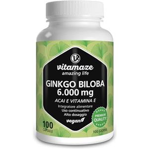 Vitamaze - amazing life Ginkgo Biloba Complex 6000 mg (50:1) con L Carnitina + Vitamina E e Estratto de Acai, Alto Dosaggio & Vegano, 100 Capsule, Integratore Senza Additivi non Necessari, Qualità Tedesca, Vitamaze