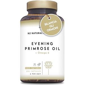 N2 Natural Nutrition Olio di Enotera 200 Perle 2000 mg 10% GLA con Vitamina E e Omega 6. Equilibrio Ormonale. Integratore Menopausa e Sindrome Premenstruale. Antiossidante Per la Pelle, e Capelli. N2 Natural Nutrition