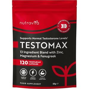 Nutravita Testosterone Booster TestoMax con Ginseng - Potente Manutenzione del Testosterone - 13 ingredienti Attivi e Vitamine tra cui Zinco, Fieno Greco, Ginseng e Magnesio - 120 Capsule