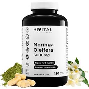 HIVITAL foods Moringa Oleifera 6000 mg. 180 capsule vegane per 6 mesi di trattamento. Multivitaminico naturale fonte di Vitamine, Minerali, Aminoacidi e Acidi Grassi. Prodotto in Europa da HIVITAL