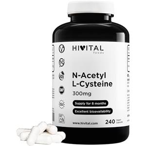 HIVITAL foods NAC N-Acetil L-Cisteina 300 mg. 240 capsule vegane per 8 mesi di trattamento. N-Acetilcisteina ad alto assorbimento. Prodotto in Europa da HIVITAL
