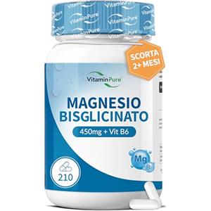 VitaminPure Magnesio Bisglicinato Capsule 450mg con Vit B6, 210 Capsule Vegane, Forma Chelata - Integratore per Dormire Meglio, Contro Stress, Affaticamento, Dolori Muscolari Alta Biodisponiblità - VitaminPure