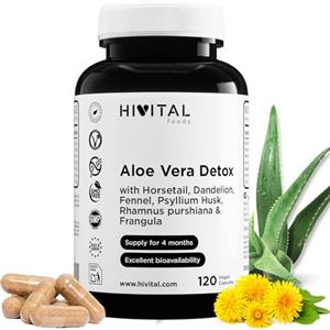 HIVITAL foods Aloe Vera Detox. 120 capsule vegane per 4 mesi di trattamento. Con Cascara Sagrada, Frangula, Equiseto e Tarassaco. Diuretico e lassativo naturale. Prodotto in Europa da HIVITAL