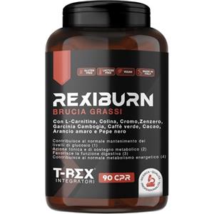 T-Rex Integratori REXIBURN Potente Brucia Grassi Naturale. Effetto dimagrante, termogenico e anti fame | A base di L-Carnitina, Zenzero, Piperina, Glucomannano, Garcinia Cambogia e Caffè Verde | 90 compresse