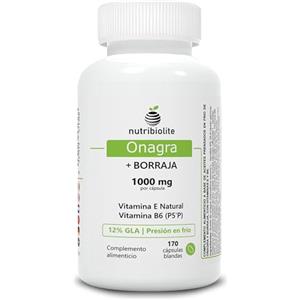 Nutribiolite Olio di Enotera e Borragine 1000 mg con 12% GLA, Vitamina B6 P5'P e Vitamina E Naturale - Integratore per Equilibrio Ormonale, SPM, Menopausa e Salute della Pelle - 170 Perle Pressate a Freddo