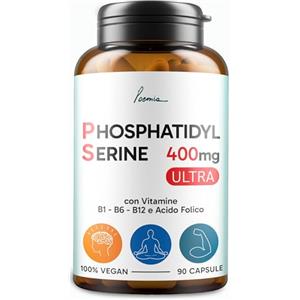 POEMIA Fosfatidilserina Pura Ps 400mg Contrasta il Cortisolo (Cortisol Blocker) 3 Mesi 90 Capsule Migliora Memoria e Concentrazione Riduce lo Stress Integratore Vitamina B1 B6 B12 Acido Folico Poemia