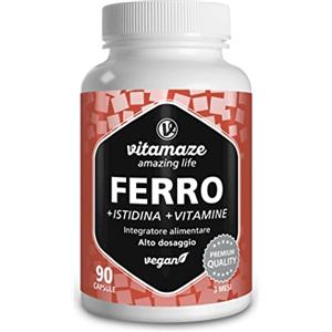 Vitamaze - amazing life Ferro Integratore 20 mg Capsule Vegano con Formula Vitale + Istidina + Vitamine per Biodisponibilità Ottimale, 90 Capsule per 3 Mesi, Naturale senza Additivi, Qualità Tedesca