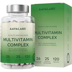AAVALABS Multivitaminico Completo 24 Vitamine e Minerali Ashwagandha Rhodiola Rosea, Integratore Multivitaminico Donna Uomo Difese Immunitarie Adulti Vitamina D Vitamina C Zinco Magnesio e Potassio -120Capsule