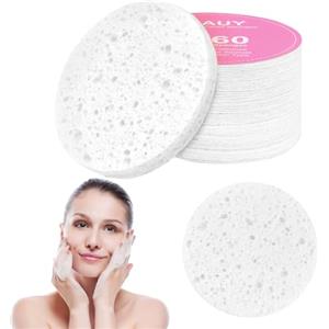 AUAUY 60Pz Spugnette Viso Pulizia, Viso Compressa Spugna, 100% Naturale Compresse Spugne per in Cellulosa per la Pulizia del Facial, Esfoliante, Rimozione Trucco (Bianco)