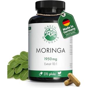 GREEN NATURALS Moringa Oleifera - Alta dose: 19.500 mg di polvere di moringa (1.950 mg di estratto (10:1)) - 100% vegano & senza additivi - 270 capsule (3 mesi) - Vegano & testato in laboratorio - Green Naturals®