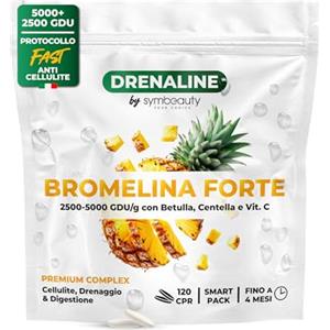 SYMBEAUTY Bromelina Forte Drenante 2500+5000 GDU (120cpr - Fino a 4 mesi) + Protocollo Fast Anticellulite | Bromelina, Centella, Betulla e Vitamina C. Integratore Cellulite Drenaggio e Digestione - Vegano