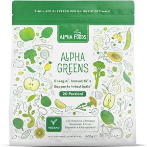 Alpha Foods Super Greens Polvere | 600 g | Superalimenti Verdi con Vitamine del gruppo B, Vitamina D3, Spirulina, Curcuma, Wheatgrass Powder, Moringa | Frullato Multivitaminico e Minerali | Vegan | Alpha Foods