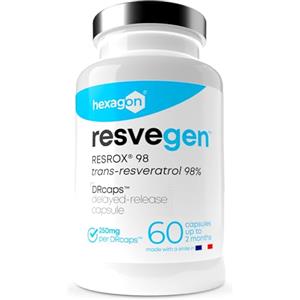 Hexagon Resveratrolo - Trans-Resveratrolo 98% RESROX® - 60 Capsule DRcaps™ a rilascio ritardato, 250 mg - Alta disponibilità - Potente antiossidante e Anti-Invecchiamento - Made in France - Vegan - Hexagon