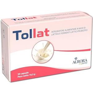 Aurora Biofarma Tollat - Integratore Lattasi con Fermenti Lattici Probiotici e Prebiotici - Assorbe 250 ml di latte per ogni capsula - 30 Pastiglie Lattosio