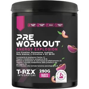 T-Rex Integratori Pre Workout, Energy Drink Potente con Creatina Monoidrata, Bcaa, Arginina, Beta Alanina e Vitamine - Senza Caffeina, 250 g (250 g (Confezione da 1), Pesca)