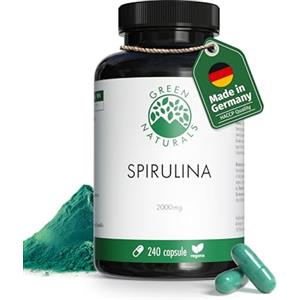 GREEN NATURALS Spirulina - Alto dosaggio: 2000 mg di polvere di spirulina pura al giorno - Fornitura per 2 mesi - Senza additivi, vegano e prodotto in Germania - 240 capsule - Green Naturals®