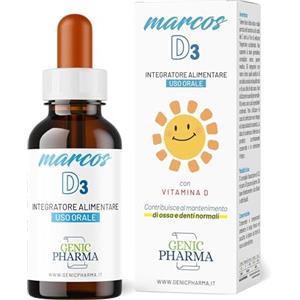 GENIC PHARMA Marcos Vitamina D Bambini Supporta la Crescita e lo Sviluppo nei bambini, Integratore pediatrico 15 ml con Vitamina D3 bambini e vitamina E in gocce, per Ossa e Denti. Vitamine per Bambini