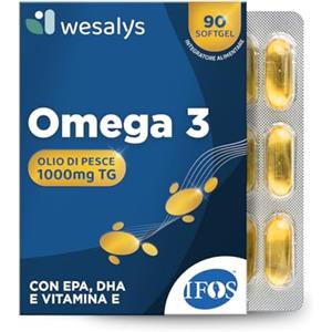 WESALYS Omega 3 IFOS 5 Stelle Certificato, 90 capsule in Blister da 1000mg in forma Trigliceride, Senza Retrogusto. Olio di pesce ad Alto dosaggio, Ricco di EPA e DHA, Trigliceridi, Cuore, Cervello, WESALYS