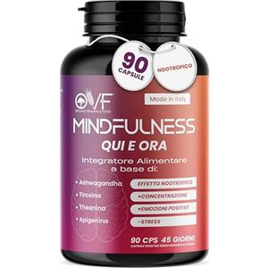 PARAFARMACIA, ORGANIC VITAMINS & FOOD OVF Mindfulness 90 Cps, Nootropico con Ashwagandha, Tirosina, Teanina e Apigenina, Integratori Memoria e Concentrazione, Supporta Umore e Vitalità, Made in Italy