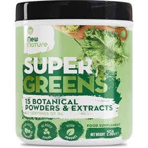 New Nature Super Greens in Polvere - 250g (50 Dosi) - 15 Superfood - Spirulina, Clorella, Tè Verde - Vegan, Senza Zuccheri, Made in Germany