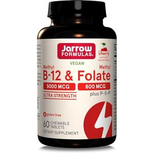 Jarrow Formulas, Methyl B12, 5.000mcg/Methyl Folate 800mcg, Deposito per 10 Giorni, Gusto Ciliegia, 60 Compresse vegane, Testate in Laboratorio, Senza Glutine, Vegetariane, Senza Soia, Senza OGM