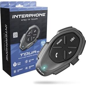 INTERPHONE TOUR HD Singolo, Interfono moto di gruppo per 4 motociclisti fino a 1.5km di distanza, Interfono casco con Bluetooth per GPS e chiamate, Autonomia 25h di lunga durata e impermeabile IP67