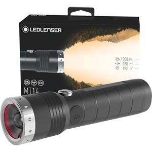 Ledlenser MT14 Torcia Tascabile LED da Outdoor, Batteria al Litio 26650 Ricaricabile, 1000 Lumen, Portata Luminosa di 320m, autonomia Fino a 192 Ore, Interruttore Frontale, Uso a unamano
