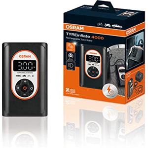 OSRAM TYREinflate 4000, compressore per pneumatici ricaricabile e senza fili, digitale programmabile con arresto automatico e luce LED, alimentazione tramite presa 12V in auto, gonfiare in 3,5 min.