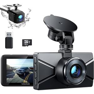 WOLFANG 2.5K Doppia Dashcam, Scheda SD 32G, Dash Cam Auto IPS 3" con Grandangolo di 310°, 1440P+1080P FHD Telecamera, Visione Notturna,G-Sensor, WDR, Monitor di Parcheggio, Registrazione in Loop
