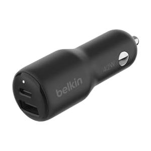 Belkin BoostCharge Doppio caricabatteria da auto da 42 W con ricarica rapida USB-C PPS da 30 W e porte USB-A da 12 W per iPhone 16,16 Pro,16 Plus,16 Pro Max,15,14,13, Samsung Galaxy S24 e altri, Nero