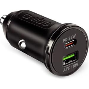 SBS Carica Batteria Auto Mini, Power Delivery 25W, Ricarica Rapida, Caricatore Auto Accendisigari con Adaptive Fast Charge (AFC), Led di Stato, USB-C e USB-A, Presa 12V, Nero