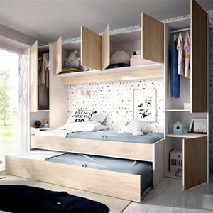 Dmora - Letto per bambini Venturosa, Cameretta completa con armadio a ponte e cassettone, Composizione con letto e lettino singolo estraibile, 303x97h203 cm, Rovere e Bianco