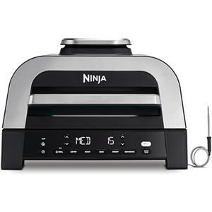 Ninja Griglia e Friggitrice ad Aria MAX 6 in 1, 6 Funzioni di Cottura, Prepara fino a 6 Hamburger, capacità 3,8 L, Poco Fumo, Include Termometro Digitale per Carne, Grigio/Argento, DG551EU