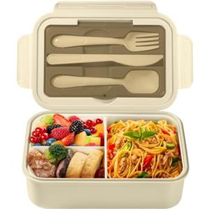 Diboniur Porta Pranzo, 1400ml Lunch Box con Posate, Schiscetta Pranzo Bambino Adulto Bento Box con 3 Scomparti, Schiscetta Contenitore Ermetico per Microonde Ufficio Lavoro Picnic (Khaki)