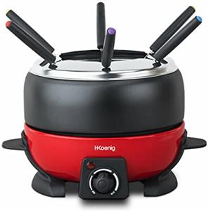 H.Koenig Set per fonduta 6 forchette 2L in acciaio inox, elettrica ALP1800, fonduta di formaggio, Bourguignonne, al cioccolato. Ciotola antiaderente resistente e rimovibile, coperchio antispruzzo