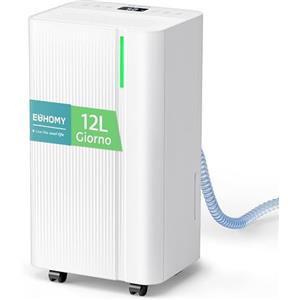EUHOMY Deumidificatore Casa Muffa: 12L/24H Deumidificatore Portatile, Adatto Fino a 25㎡, Modalità Auto/Asciugatura/Sleep, 1,8 L Estraibile, Timer 24H, Display Umidità, Scarico Continuo,Filtro Lavabile