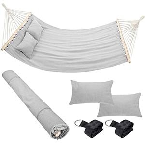 Bakaji Amaca da Giardino Doppia 2 Posti 232 x 148 cm Barre Trasversali in Legno Rivestimento in Poli Cotone con 2 Cuscini e Cinghie Design Moderno Per Giardino Terrazzo Campeggio (Grigio Chiaro)