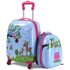 COSTWAY Set di Valigia per Bambini, 16" Valigia+ 12" Zaino, 2 Pezzi, con Ruote Girevoli a 360° e Maniglia Retrattile, Ideale per Viaggiare in Modo Comodo e Divertente (Modello 11)