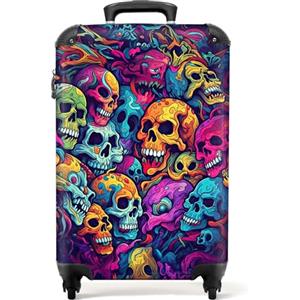 NoBoringSuitcases.com bagaglio a mano, trolley, valigia da 10 kg, rigida, leggera, valigie da viaggio per cabina, aereo, con 4 ruote girevoli, manico estensibile, 55x40x20 cm, Teschio in colori fluo